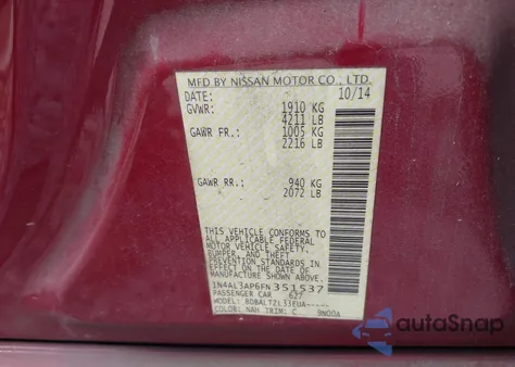 2015 Nissan Altima 2.5/2.5 S/2.5 Sl/2.5 Sv из США, поврежденный, VIN 1N4AL3AP6FN351537